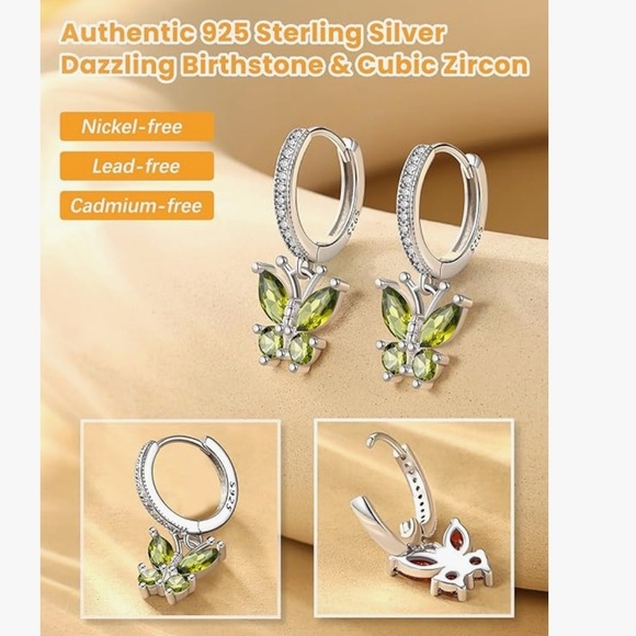Peridot cz butterfly earrings in sterling 925 - Picture 3 of 4